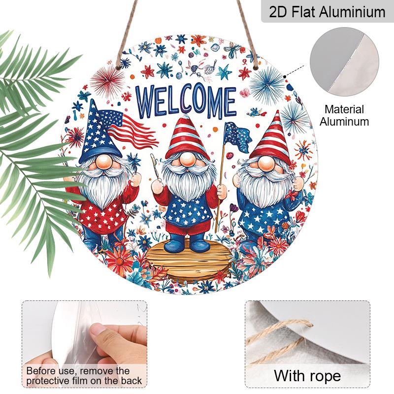 2D Flat, 1pc 4th of July Wreath Gnome Welcome Door Decor, Patriotic Bow Round Aluminum Decorative, American Star Flag, Weatherproof Metal Wall Decor