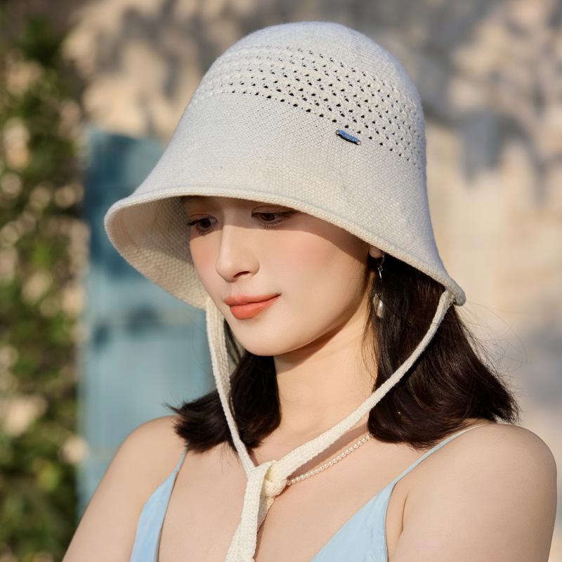 Summer Hollow Knitted Bucket Hat High-End Sun Hat Breathable Sunscreen Basin Hat Versatile Lace-Up Bucket Hat