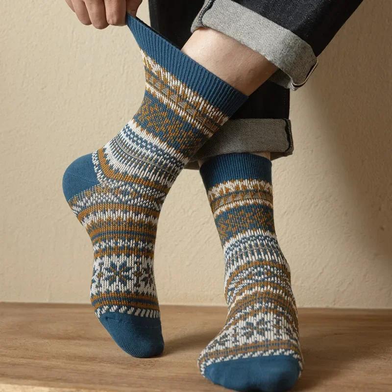 Herrensocken Herbst Winter Mode Retro Geometrische Muster Mittelhohe Socken Herren Japanische Mode Ethnisch Vintage Lange Socken