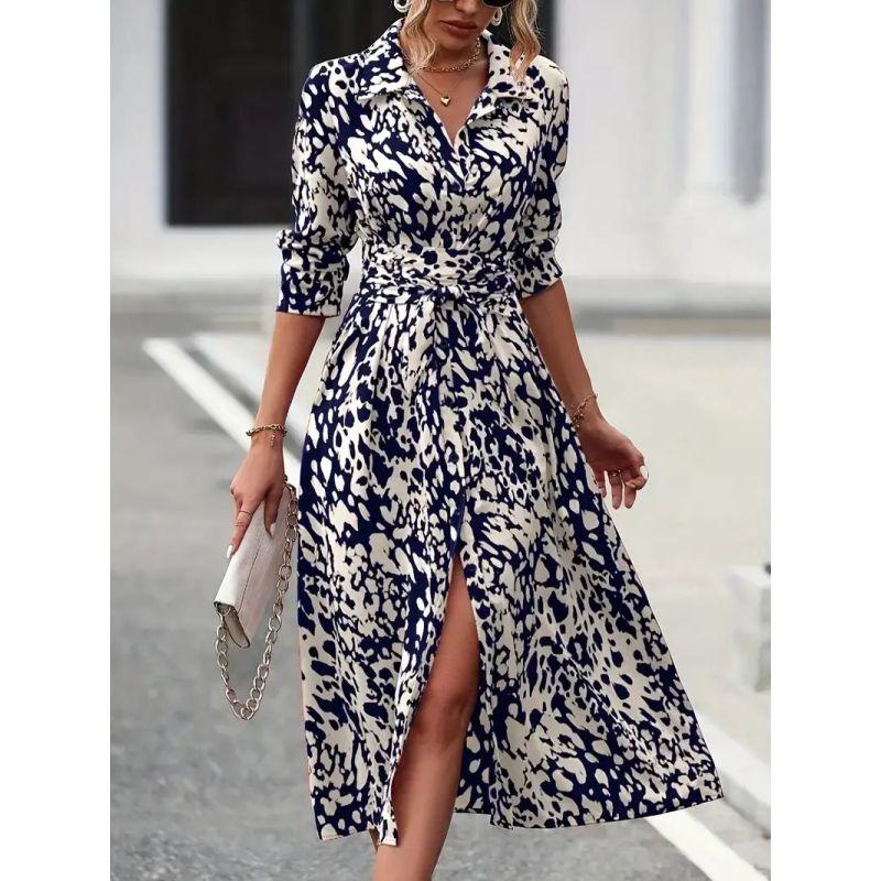 

European and American Print Button Excellent Long sleeve Waist Hugging A Word Dress Waist Hugging a-Line Dress Navy blue XXL