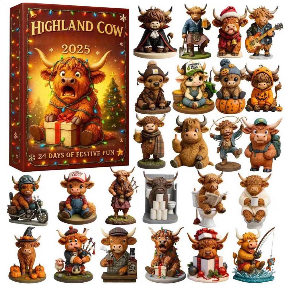 Christmas 3D Highland Cow Pendant Advent Calendar 24Pcs Christmas Highland Cow Figures Ornament Countdown Xmas Tree Decor Gifts
