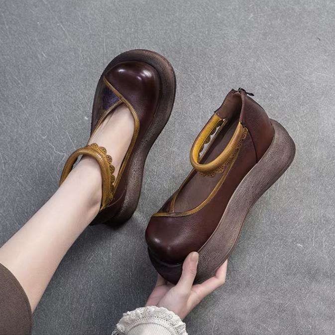 Johnature Thick Soled Height Increasing Shoes Genuine Leather Printed Retro Women's Flat Platform Shoes