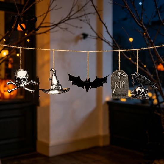 Halloween Holiday Decoration 6Pcs Wooden Hanging Decoration, Ghost Pumpkin Eyeball Party Supplies Ornament with Rope, Spooky
