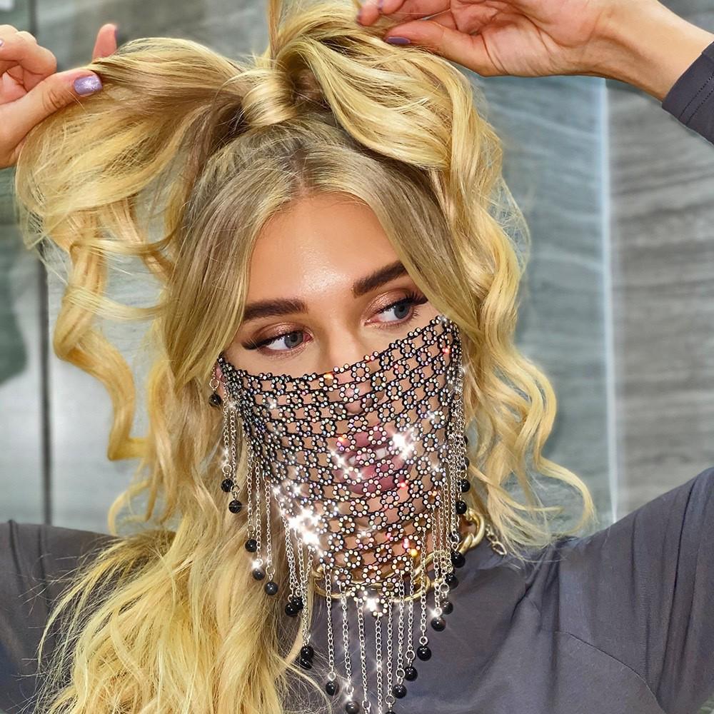 European-American Fashion Rhinestone Tassel Mesh Mask for Nightclub Parties