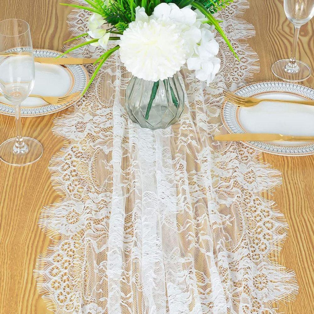 Rectangular Shape Lace Table Runner White Color Lace Floral Table Runners  Tea Party