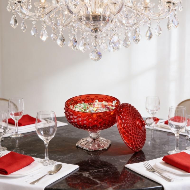 Bocal à Bonbons Épais en Verre Cristal Rouge avec Couvercle Boîte à Bijoux Ornementale Estampée Élégante Sucrenière pour Décorations de Mariages Fêtes
