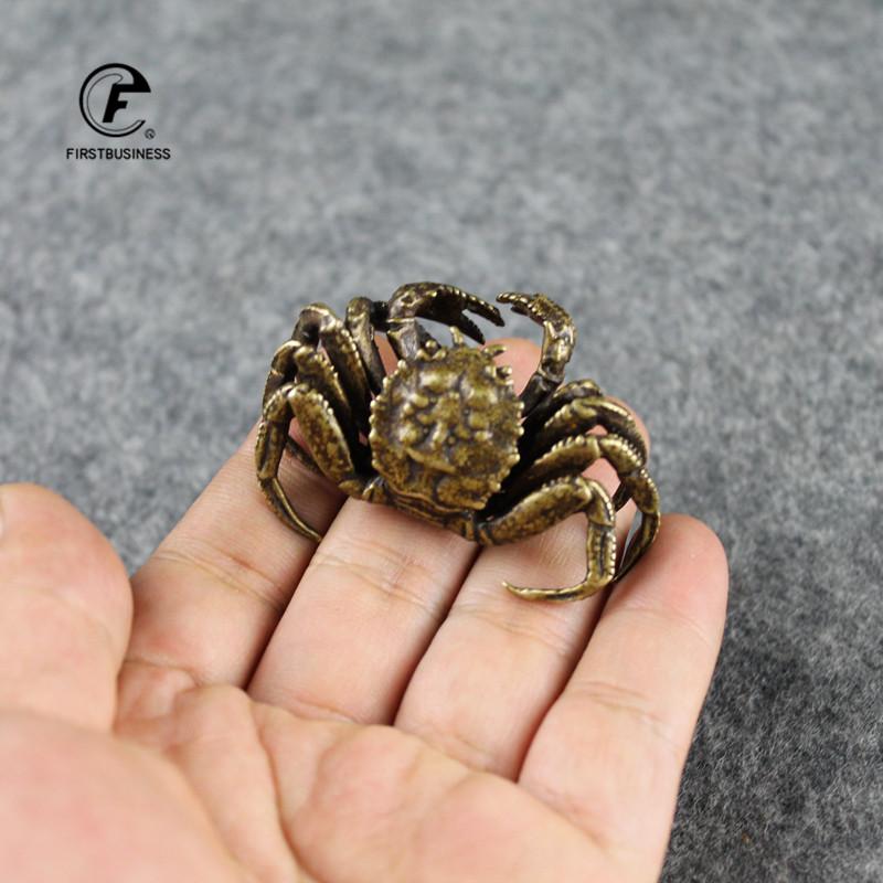 Antique Bronze Small Crab Statue Tea Pet Ornament Pure Brass Solid Animal Miniature Figurine Vintage Home Decoration Accessories