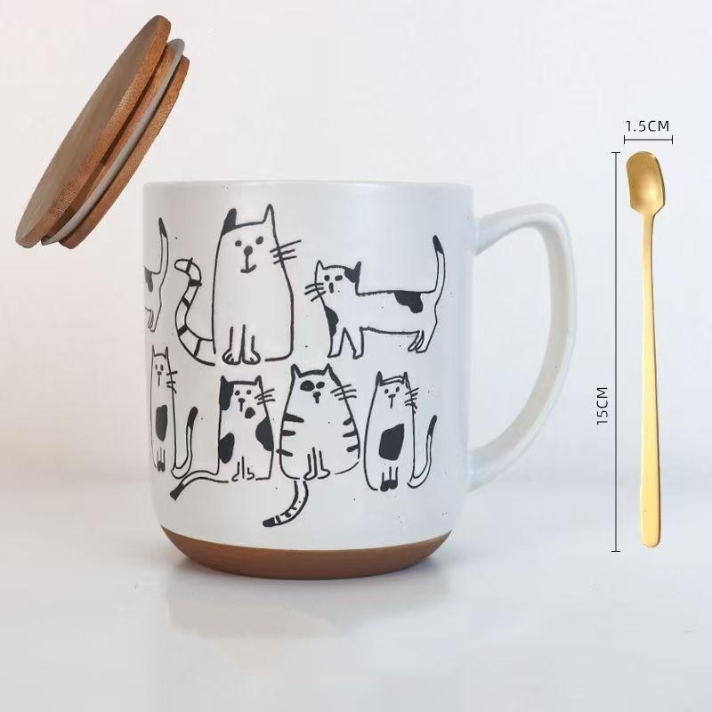 

Cartoon Kittens Puppies Pattern Coffee Mug With Lid And Spoon Ceramic Porcelain Cat Dog Pattern Cup With Handle Large Capacity 401-500ml