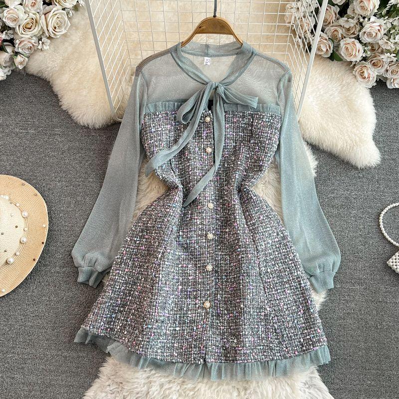 

Fall and Winter Socialite A- line Tweed Dress Mesh Gray 2XL