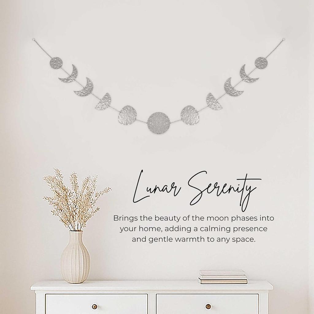 Moon & Crafts Boho Moon Phase Wall Hanging 50” Gold Brass Garland, 15 Handmade Hammered Moons, Celestial Wall Decor for Bedroom, Living Room &