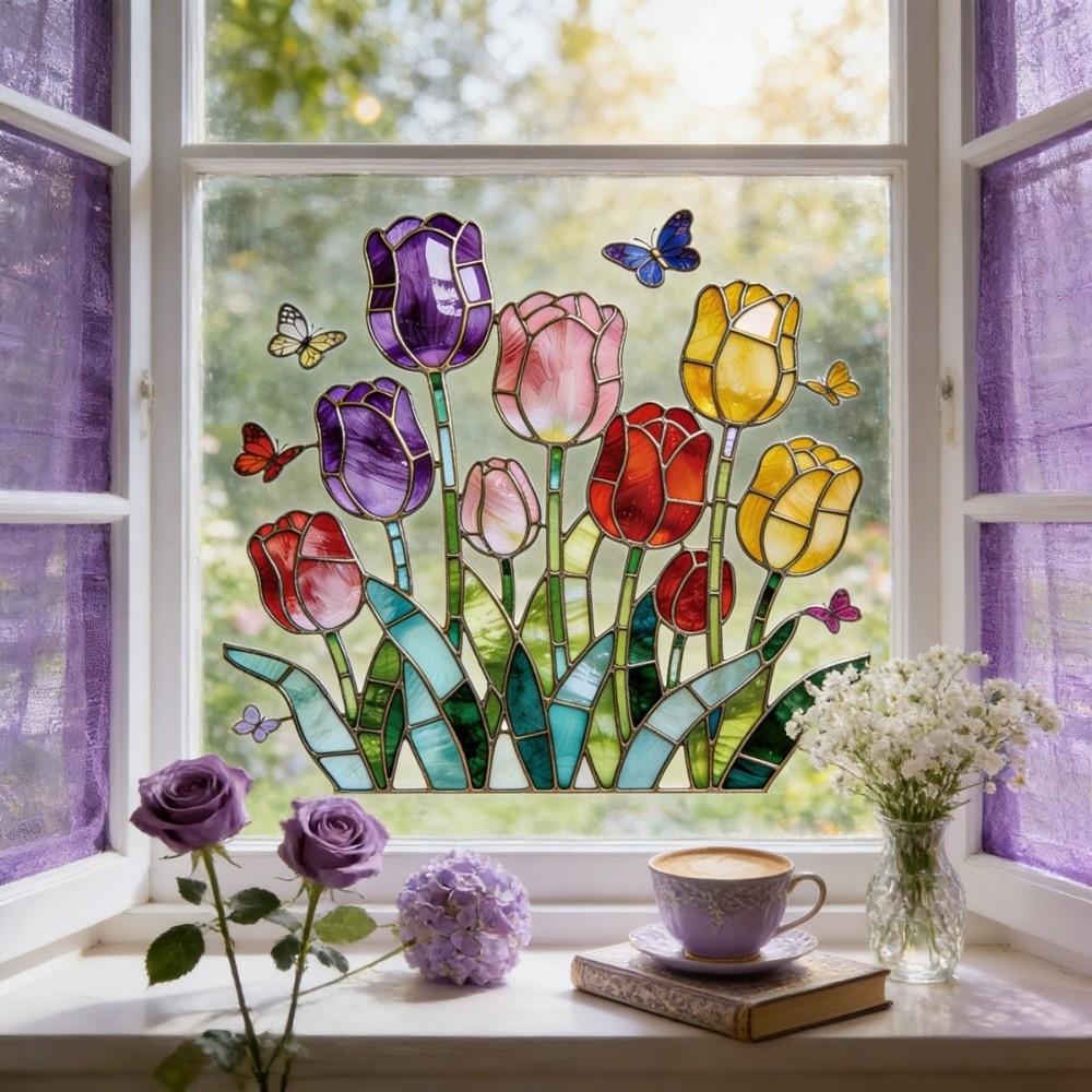 Self-adhesive Tulip Glass Stickers Waterproof Tulip Butterfly Wallpaper Tulip Window Decals Window