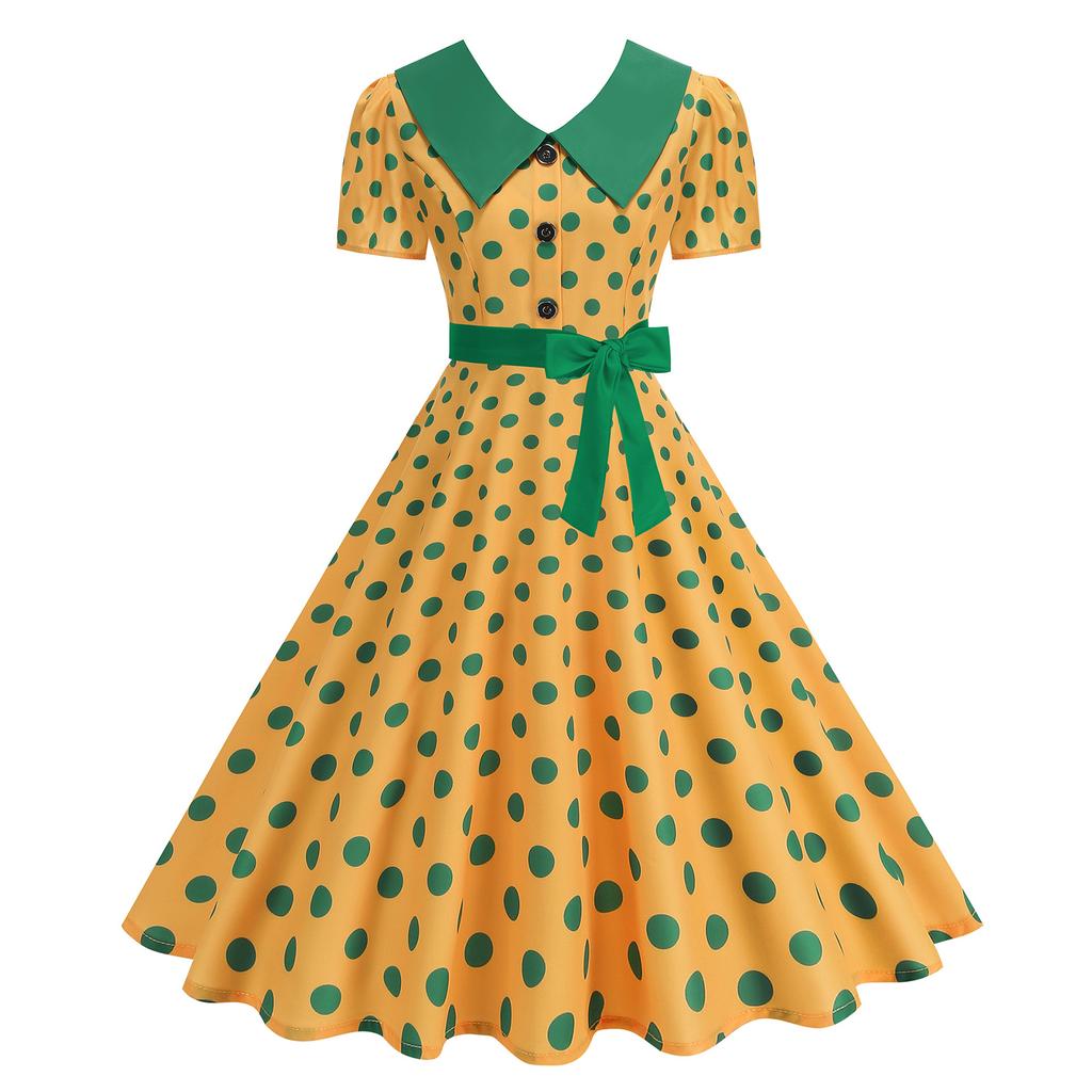 Damen Casual Polka Dot Print Kurzarm Midi Kleid mit Kragen - Leicht für den Sommer