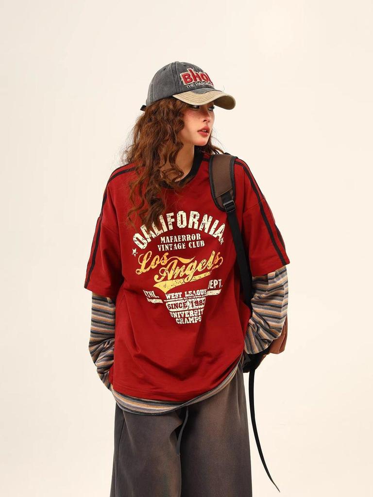 Women's Retro Patchwork Round Neck Long Sleeve Casual T-Shirt