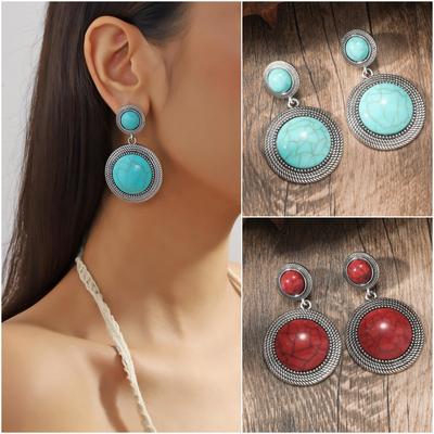 BLINGBAY Pendant Women's European and American Bohemian Retro Ethnic Turquoise Earrings Female Fashion Round Earrings Girl Party Birthday Jewelry Gift