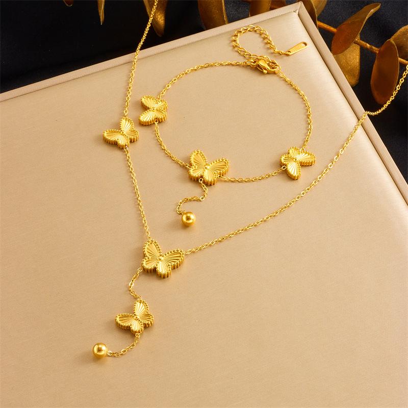 Gold Plated Butterfly Jewelry Set Necklace and Bracelet for Women Stainless Steel золотой