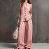 Women Sleeveless V Neck Button Up Vest And Wide Leg Pants Set Casual Loose Fit Linen Blend Two Piece Outfit