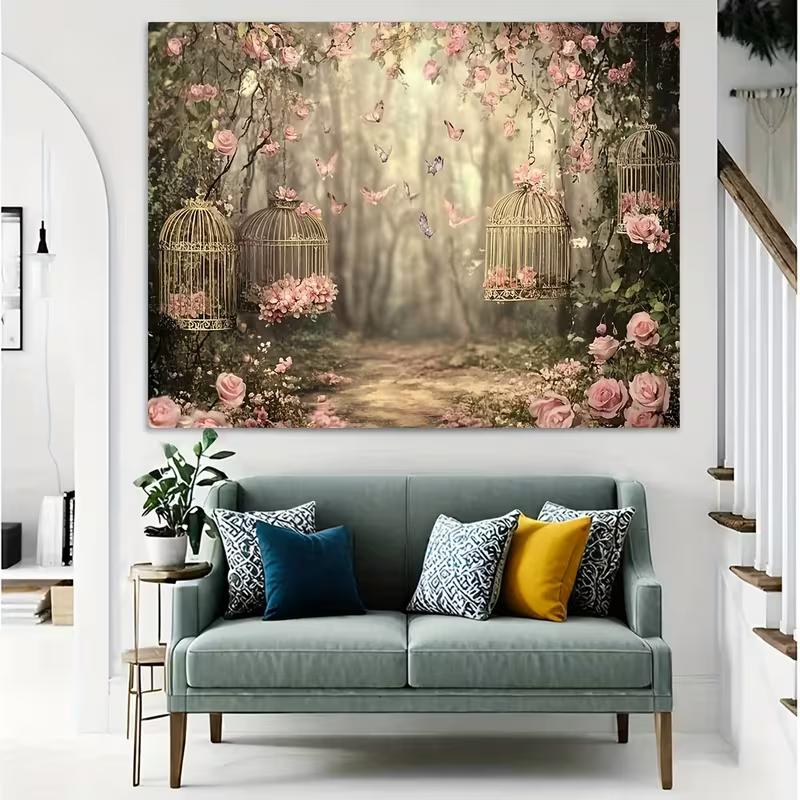 2D Pink Rose Forest Backdrop with Birdcages and Butterflies Background Cloth