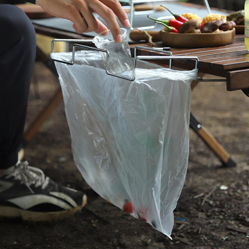 Outdoor Picnic Trash Bag Holder Camping Supplies Foldable Stainless Steel Camping Shelf Kitchen Trash Organizer Rack