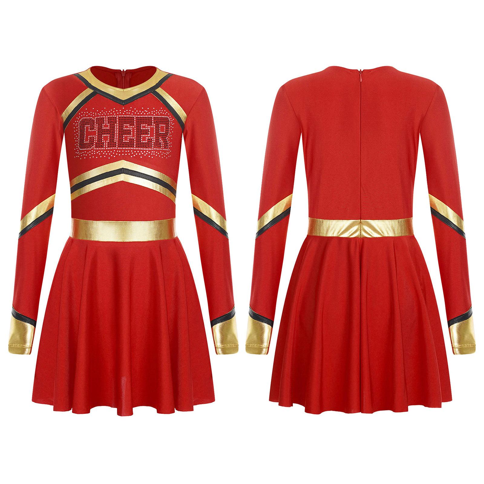 

Костюм для выступлений на спортивных встречах для девочек, блестящее платье с длинными рукавами для косплея, танцевальное платье для черлидинга, наряды для вечеринки на Хэллоуин 5-6 Years красный