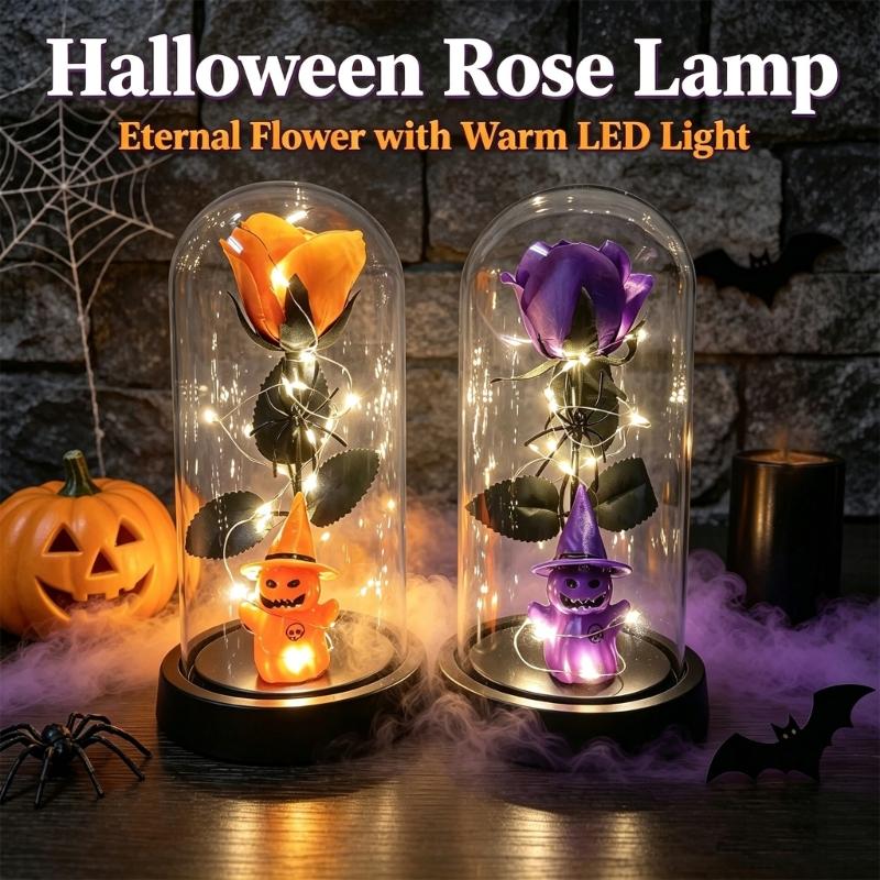 Halloween Rose Accent Light, Cloche Glass Cover with Warm String Lights for Window Ledges and Entry Tables at 