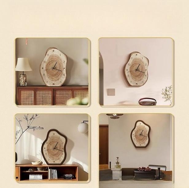 Clock with an irregular wood grain pattern; silent operation. Suitable as living room decor or as a tabletop clock (battery included).