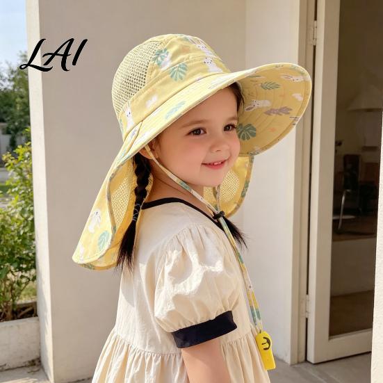 Portable Foldable Beach Hat for Babies Cartoon Kids Sun with Neck Flap Print Breathable Wide Brim Cap Running Boys Girls UV Protection Outdoor