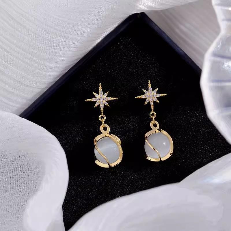 Luxury S925 Silver Needle Star Cat Eye Stone Diamond Women Earrings