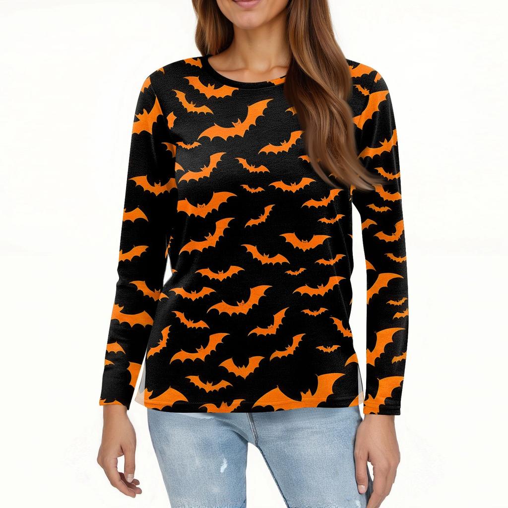 Damenmode Lässig Schlitzsaum Rundhals Langarm Locker Halloween Bedrucktes T-Shirt Damenoberteil