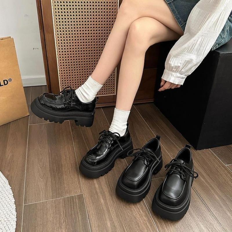 British black platform small leather shoes retro new lace-up piled thickened muffin single shoes increase height