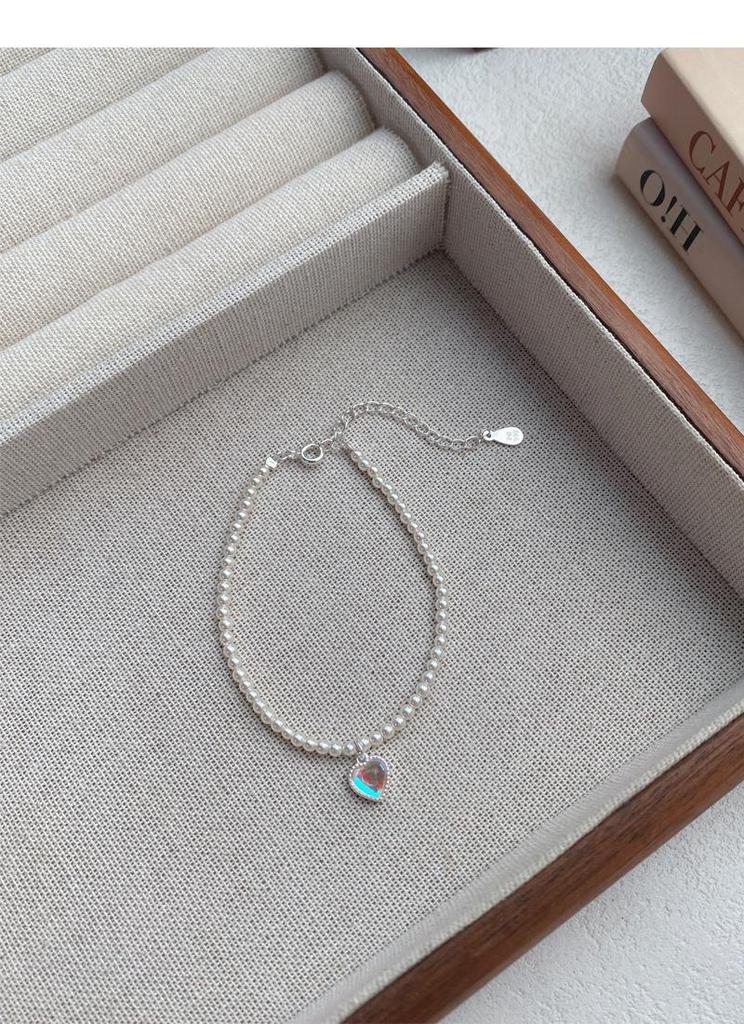 Color-Changing Heart Moonstone and Pearl Sterling Silver Bracelet - High-End Light Luxury Women’s Beaded Bracelet