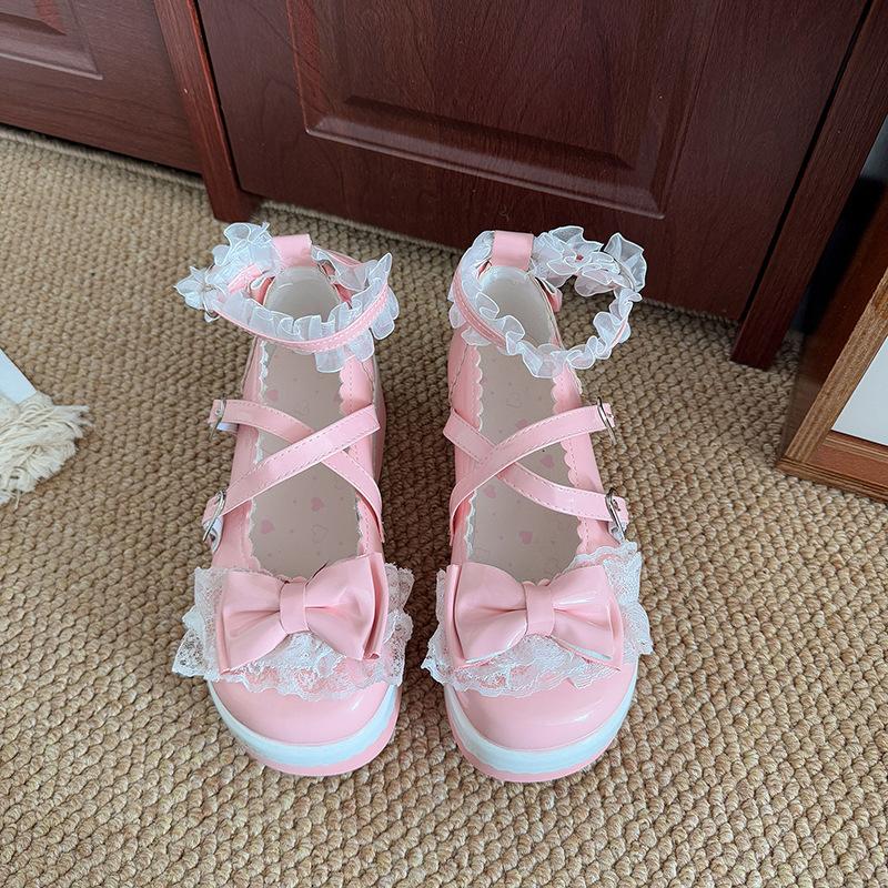 Sweet and cool muffin platform small leather shoes women's 2025 new summer Japanese bow Mary Jane lolita single shoes