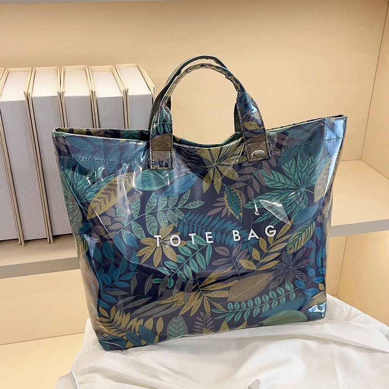 

Korean Style Tote Bag Camouflage & Leaf Print Clear PVC Magnetic Clasp Large Capacity Water Resistant Easy Clean for Commute