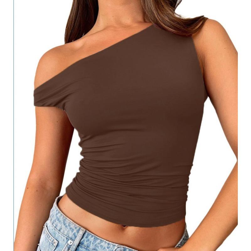 Women one shoulder asymmetrical short sleeve ruched crop top solid black slim casual tee
