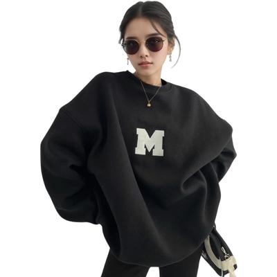SeiunAn Logo Pulôver Tamanhos Grandes Solto Gola Redonda Manga Longa Coreano Inglês Estampa nas Costas Moletom Feminino, Hoodie, Manga, Leve,