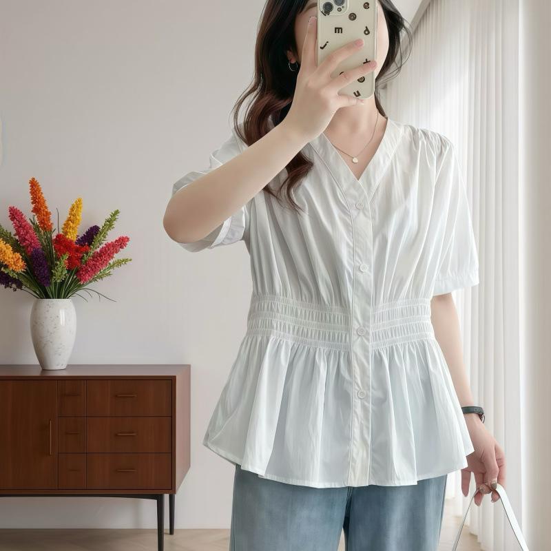 Summer Plus Size Elastic Waist Office Lady Shirt and Blouse Short Sleeve Solid Top Women Clothing V-neck