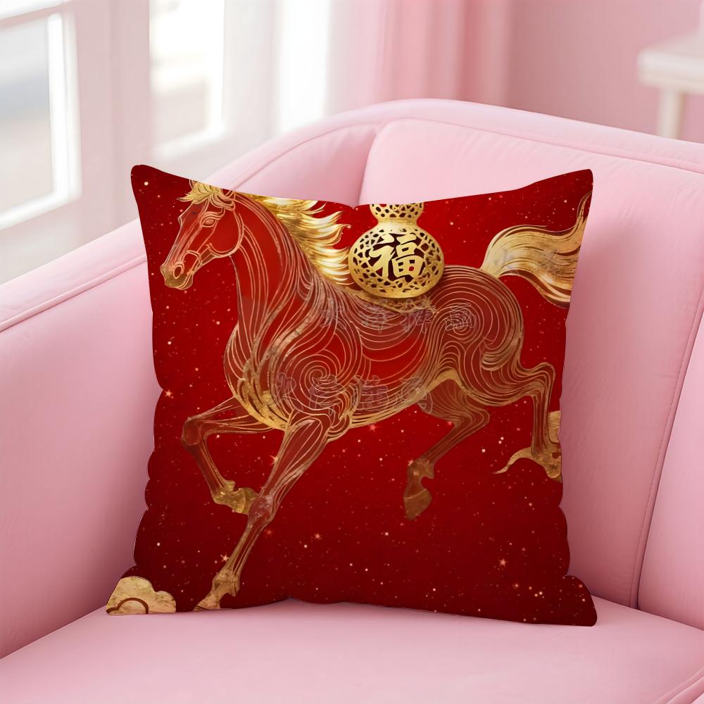 Lucky Chinese New Year red horse art  Cushion Cover Pillowcase Short Plush Invisible zipper Room Sofa Cushion Cover