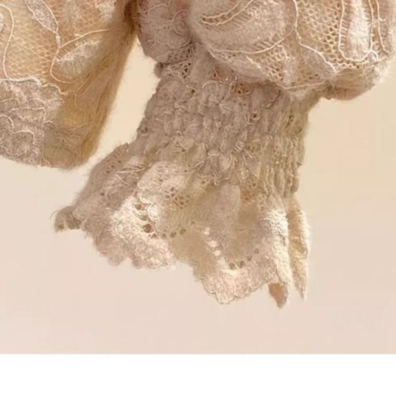 Women's Thick Lace Bottom Half High Neck Patchwork Ruched Long Sleeve Pullover Slim Top