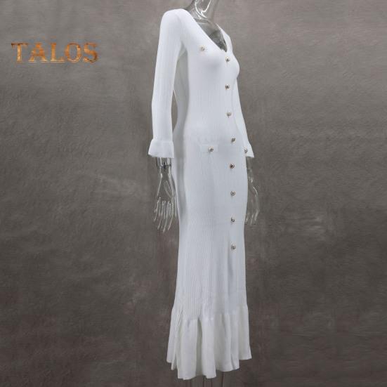 Spring Fall Women Dress Button Decor V Neck Knitted Long Sleeves Slim Fit Patchwork Fishtail Hem Solid Color Stretchy Maxi Dress