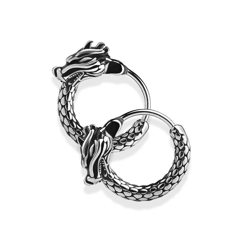 Vintage 316L Stainless Steel Dragon Hoop Earring for Men Women Punk Hip Hop Style China Dragon Huggie Earrings Jewelry
