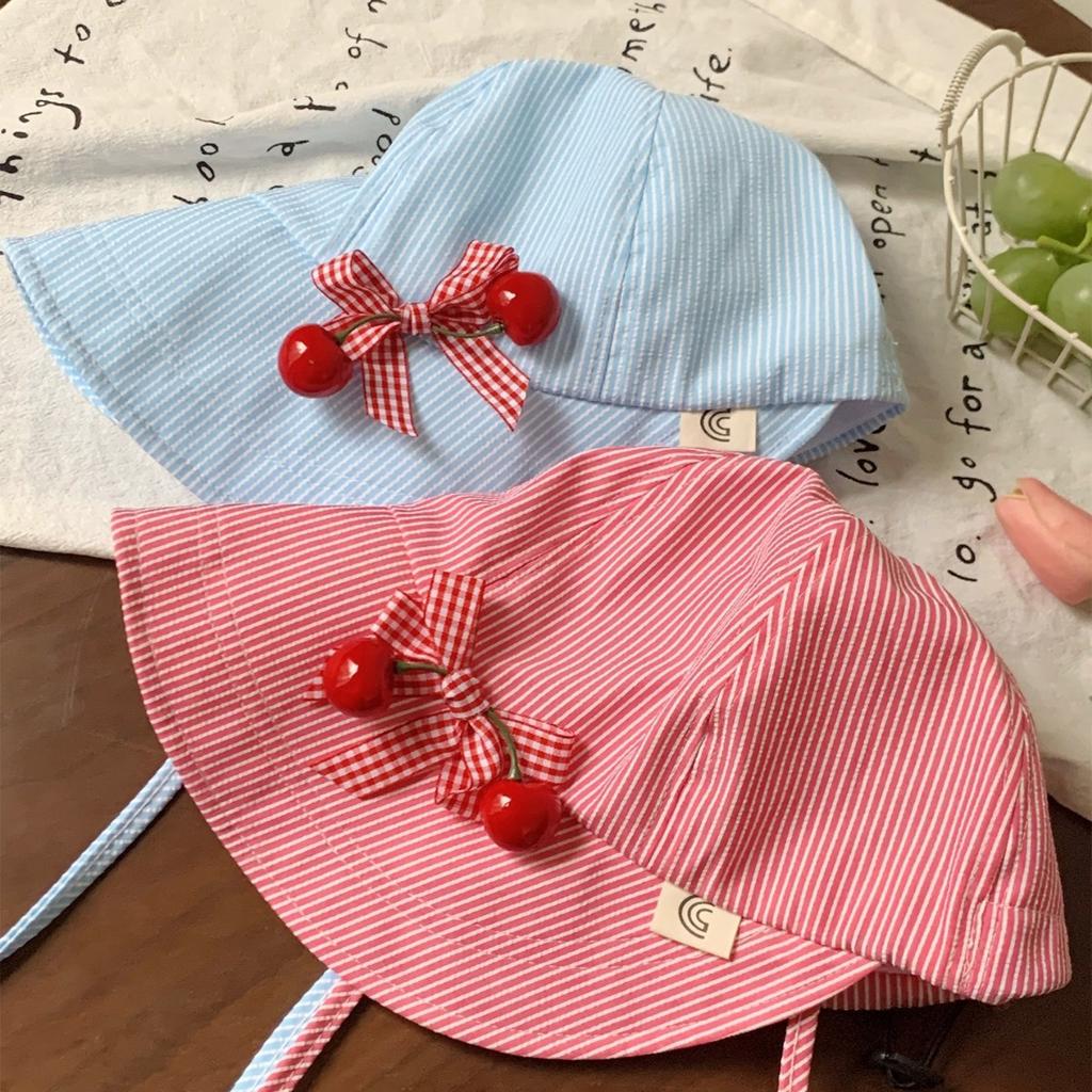 Cute Bow Cherry Quick Drying Bucket Hat Women's Summer Thin Versatile Breathable Striped Sunscreen Hat Basin Hat