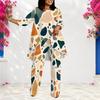 Women Plus Size Geometric Printed Round Neck 3 4 Sleeve Layered Top Long Pants Two Piece Set