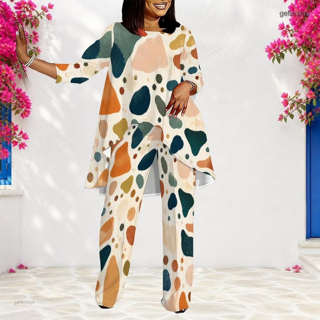 Women Plus Size Geometric Printed Round Neck 3 4 Sleeve Layered Top Long Pants Two Piece Set