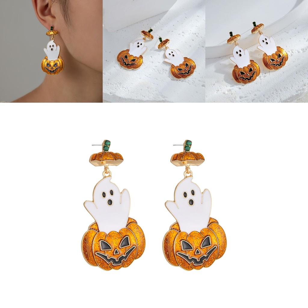 Unique Vintage Style Halloween Pumpkin Ghost Earrings With Sparkling Rhinestones For Women