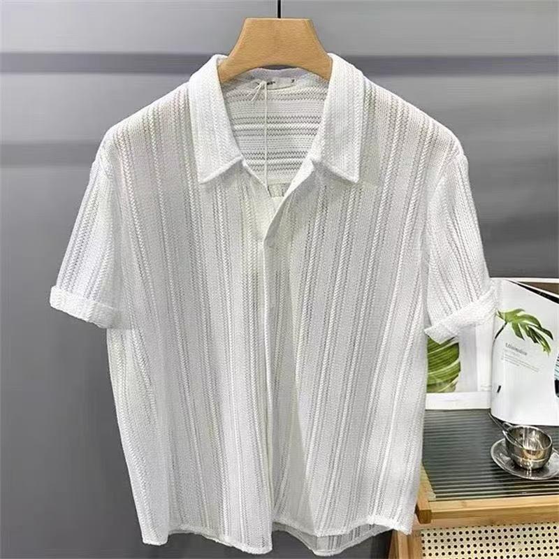 Same Texture Design Pleated Texture Men's Short-sleeved Shirt, Loose Iron-free, Drape Spring and Summer Sun Protection White Light Luxury
