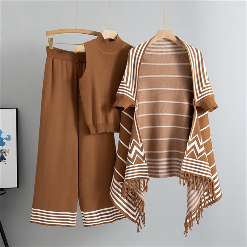 

Повседневный модный комплект Женский осенне-зимний полосатый плащ-шаль, майка, брюки широкого кроя, комплект из 3 предметов One Size земля желтый