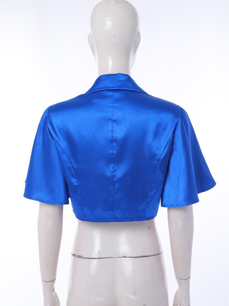 Women Satin Jacket Top Lapel Collar Flutter Sleeve Front Button Blouse Victorian Style for Casual Daily Party Wear
