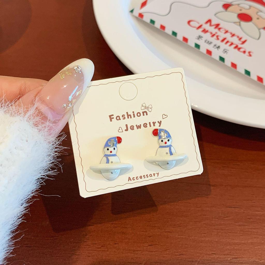 Silver Needle Snowman Santa Bow Stud Earrings - Festive Cartoon Design for Women