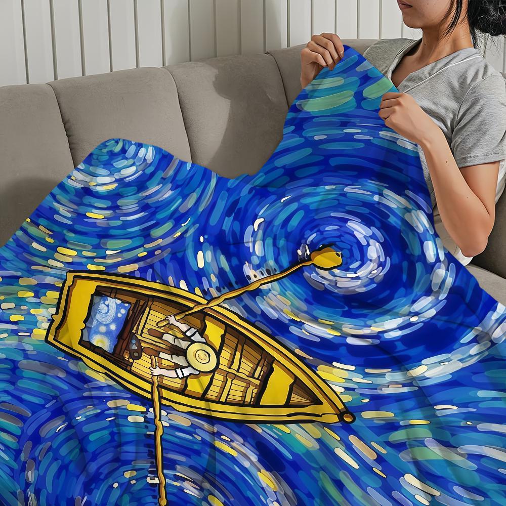 Vintage Starry Sky Painting Flannel Warm Soft Plush Blanket Sofa Living Room Hogar V-Van Gogh Office Bedroom Travel Gift Home