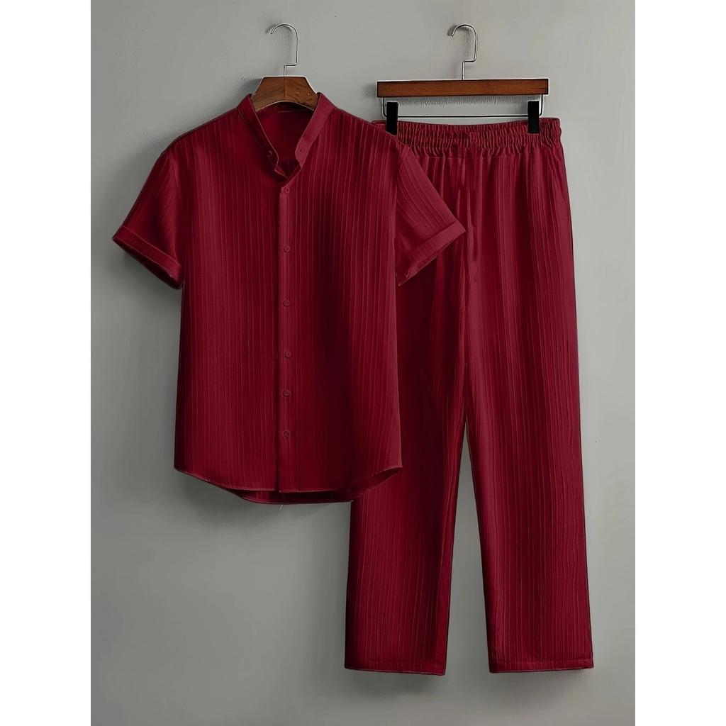 Men's Button Textured Casual Striped Short Sleeved Shirt and Elastic Straight Leg Pants Set, 2-piece Set