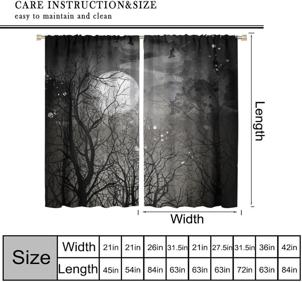 Mysterious Jungle Curtains Abstract Gothic Strange Dark Black Tree Branch Forest Glitter Moon View Home Decor Window Treatments Made Of Polyester